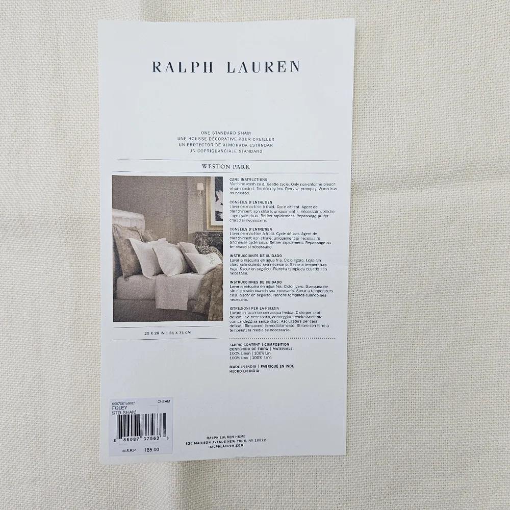 Ralph Lauren Standard Sham Foley Cream Linen 20 x 28 Neutral Natural Bedding